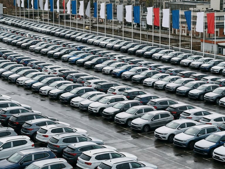 Patio de autos nuevos en una ciudad europea (ilustración)